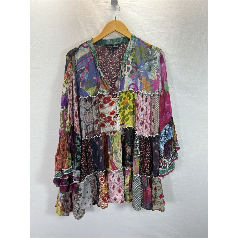 Young Threads Boho Hippie Gypsie Patchwork Tiered Tunic Sz XL Sheer Top Festival - Picture 1 of 8